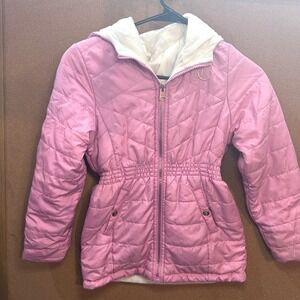 Juicy Couture Puffer Jacket Girls 10/12 Pink Faux Fur Hooded Quilted Reversible